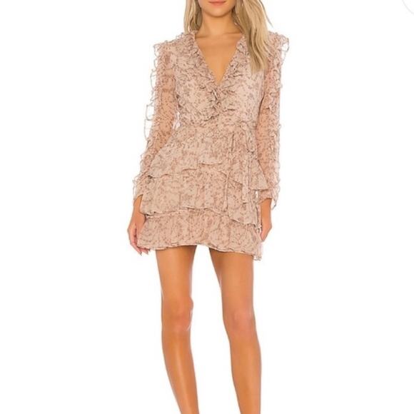 Bardot Alessia Tan Frill Ruffled Long Sleeved Mini Dress Size Medium 8 - Picture 1 of 9